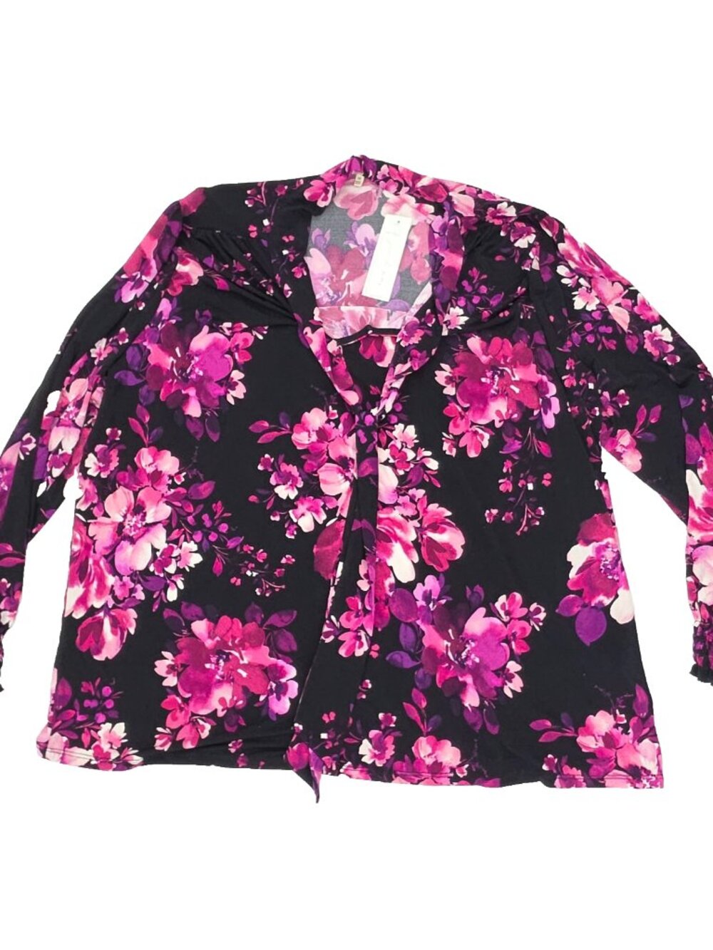 Joie de Vivre Blouse Top Womens 3X Black Pink Tie Neck Colorful Stretch Floral